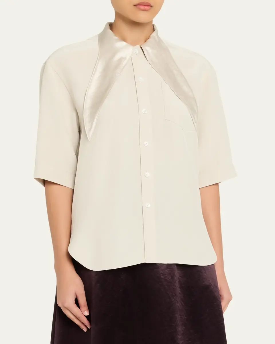 Maria McManus Short-Sleeve Tie-Neck Button-Down Shirt | Thumbnail 4