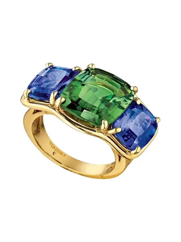 18K Yellow Gold Tanzanite and Green Tourmaline 3-Stone Ring