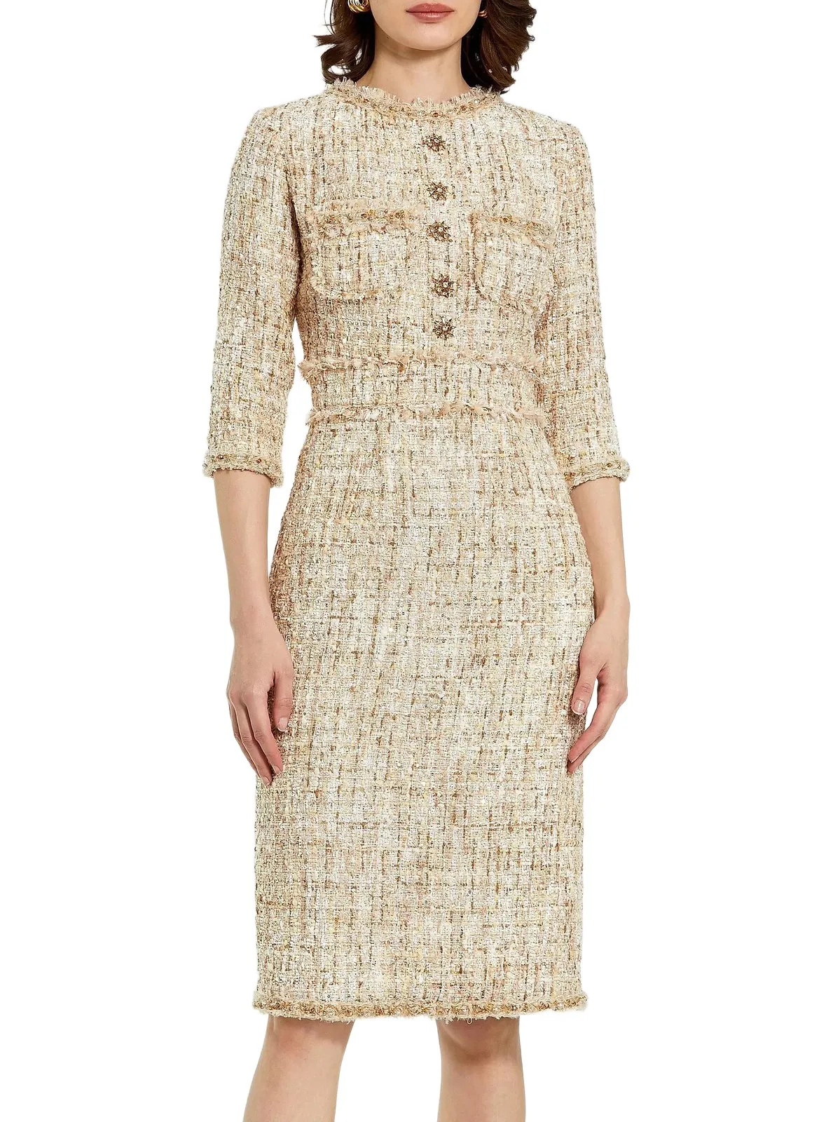Women's Petite Embellished Tweed Round-Neck Midi-Dress