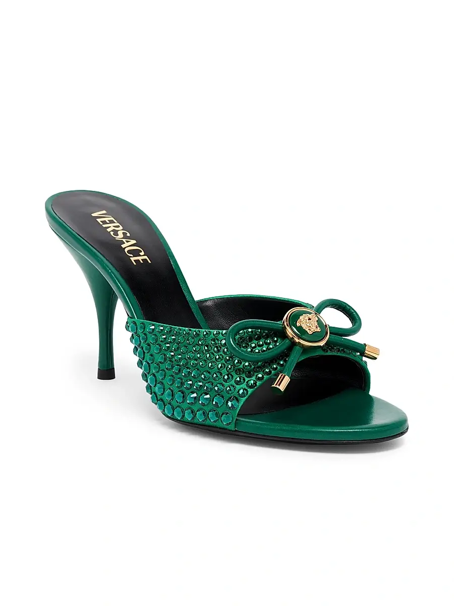 Versace Women's Opera Bow 85MM Embellished Leather Mules - Emerald Gold | Thumbnail 3 Versace Women's Opera Bow 85MM Embellished Leather Mules - Emerald Gold | Thumbnail 3