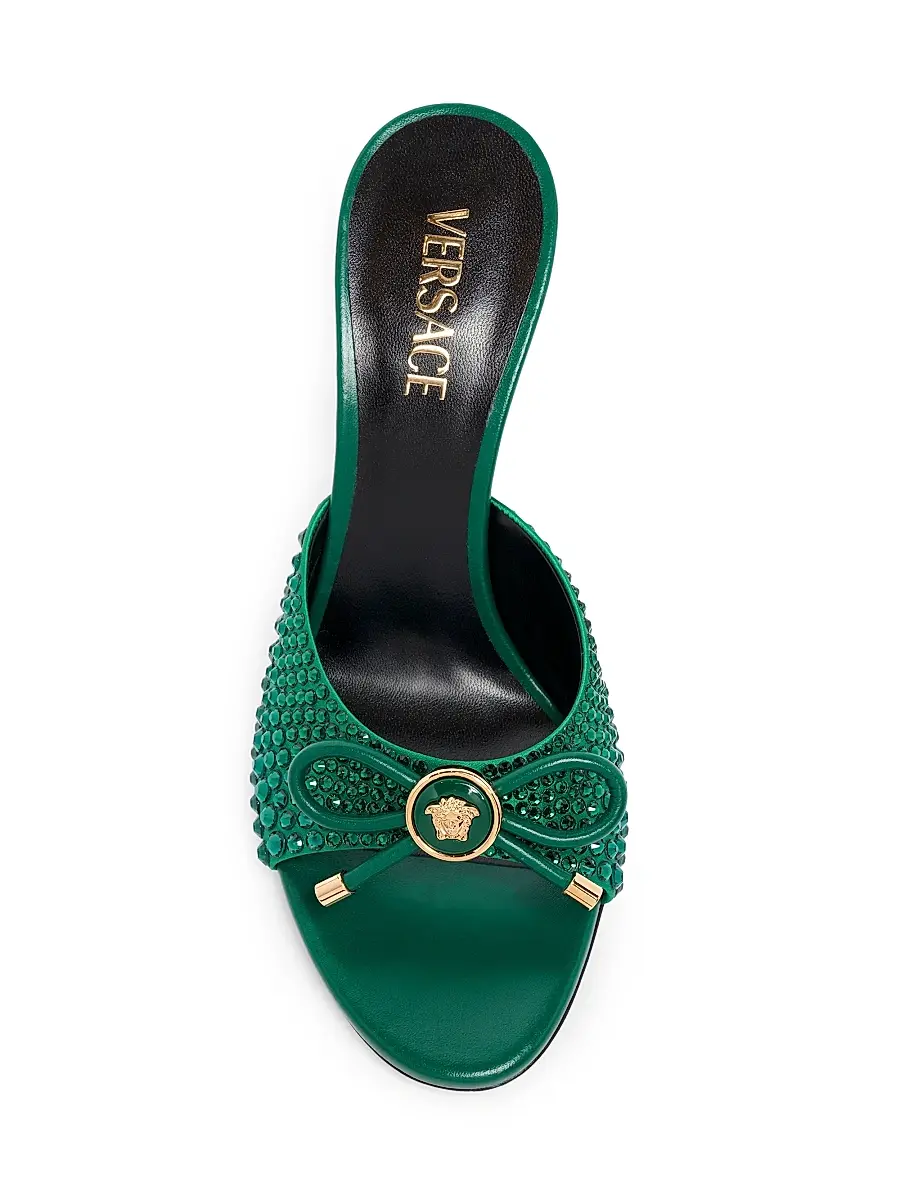 Versace Women's Opera Bow 85MM Embellished Leather Mules - Emerald Gold | Thumbnail 5 Versace Women's Opera Bow 85MM Embellished Leather Mules - Emerald Gold | Thumbnail 5