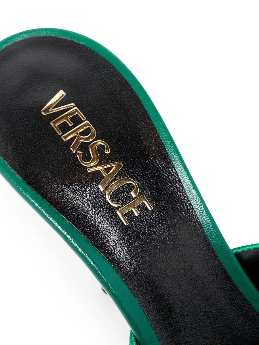 Versace Women's Opera Bow 85MM Embellished Leather Mules - Emerald Gold | Thumbnail 7 Versace Women's Opera Bow 85MM Embellished Leather Mules - Emerald Gold | Thumbnail 7