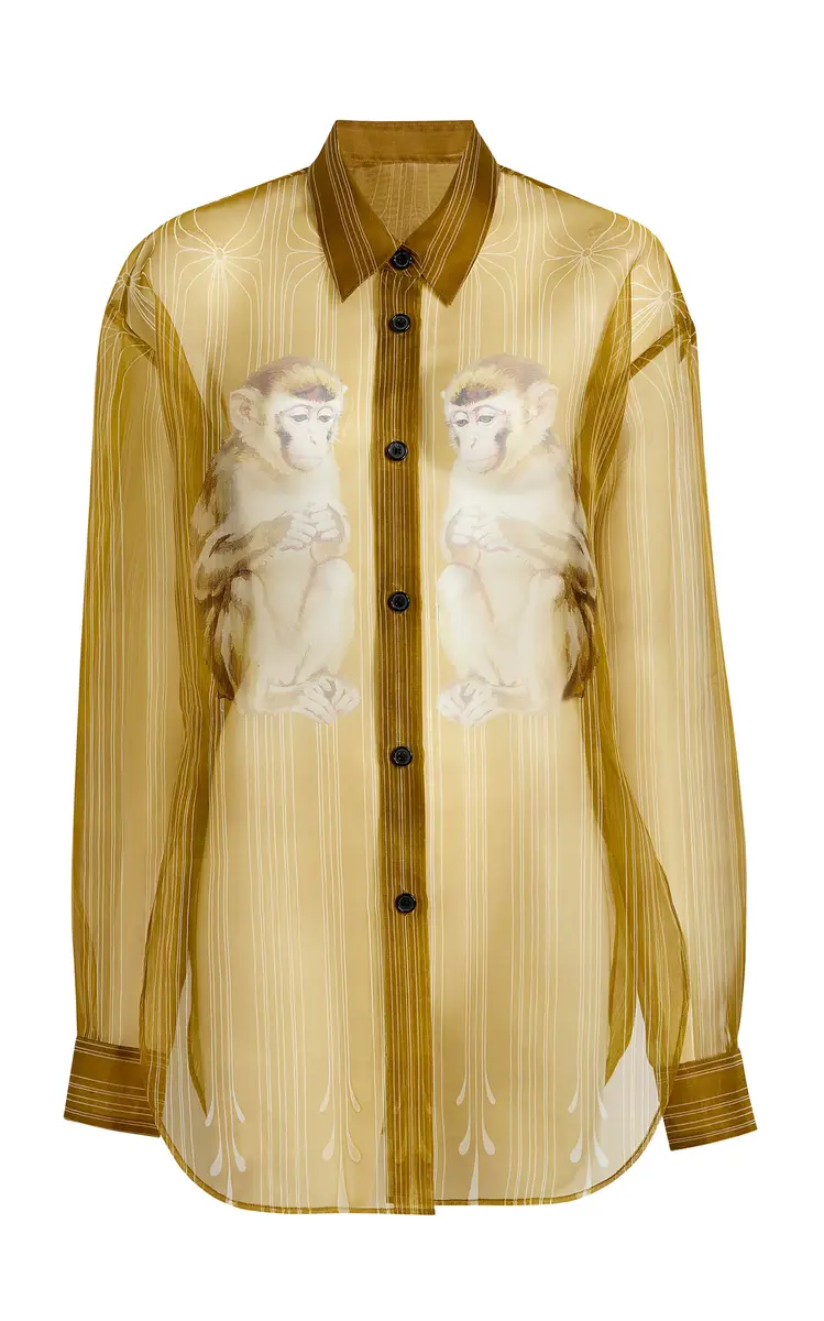 Khaite Goya Monkey Print Sheer Silk Organza Shirt