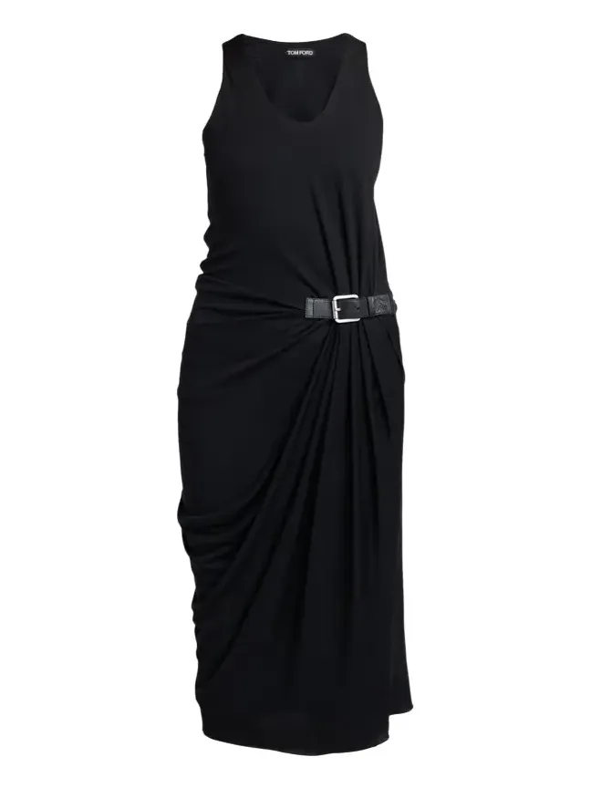Buckle Gathered Crepe Jersey Sleeveless Midi Dress