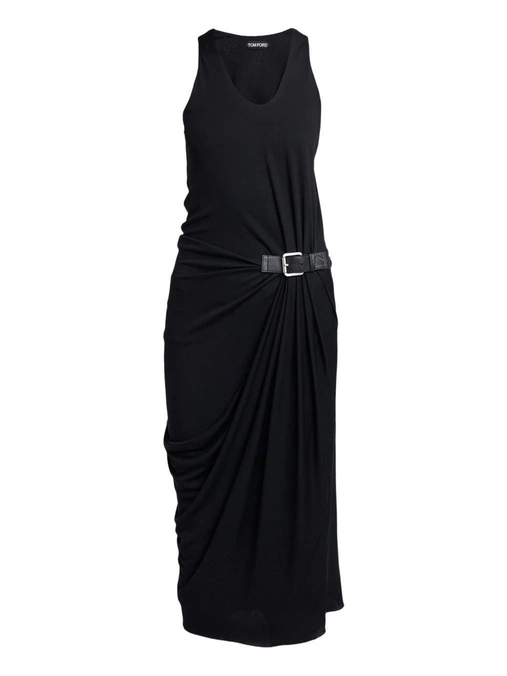 Buckle Gathered Crepe Jersey Sleeveless Midi Dress