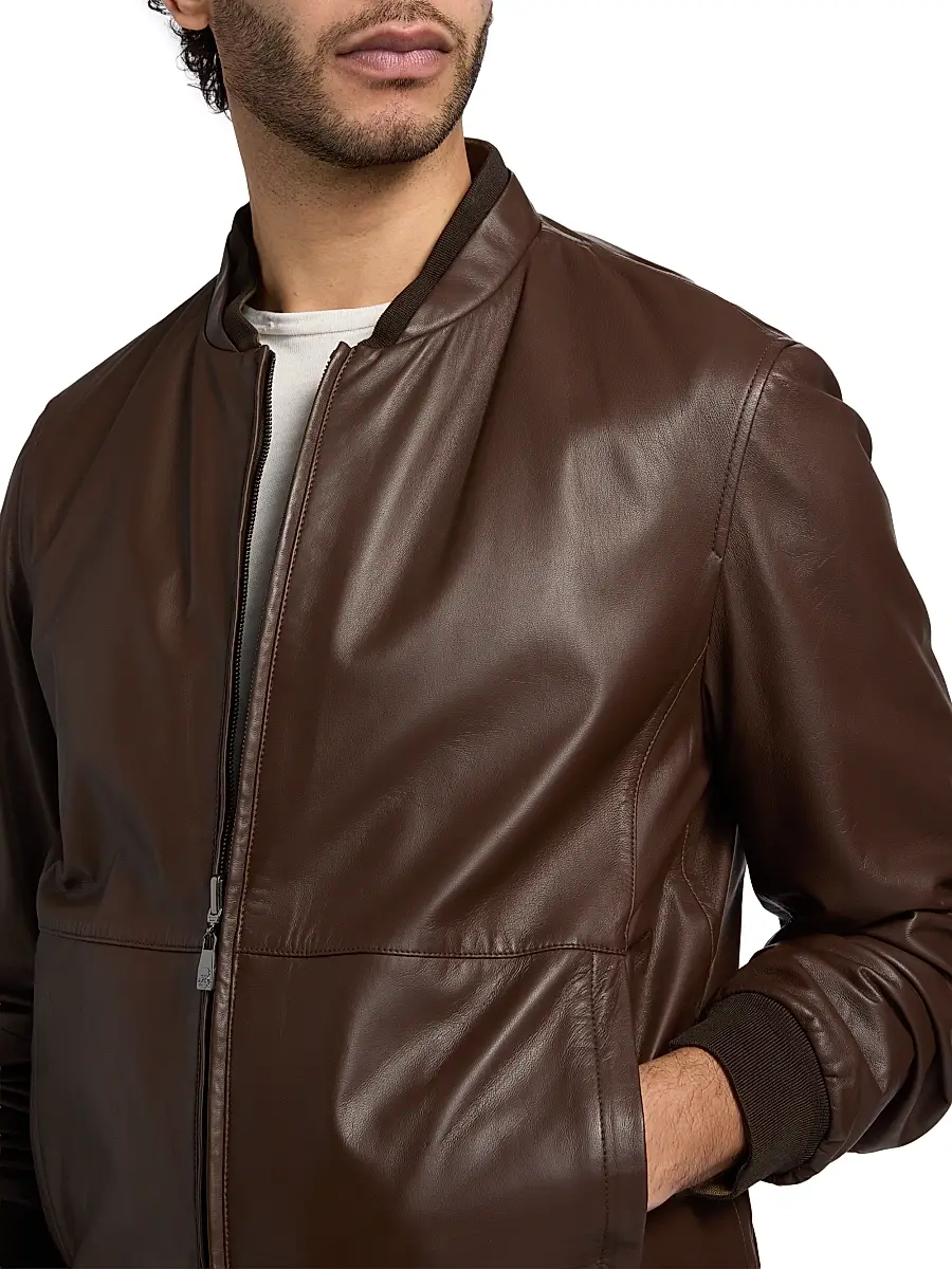 CORNELIANI Men's Reversible Leather & Twill Bomber Jacket | Thumbnail 7 CORNELIANI Men's Reversible Leather & Twill Bomber Jacket | Thumbnail 7
