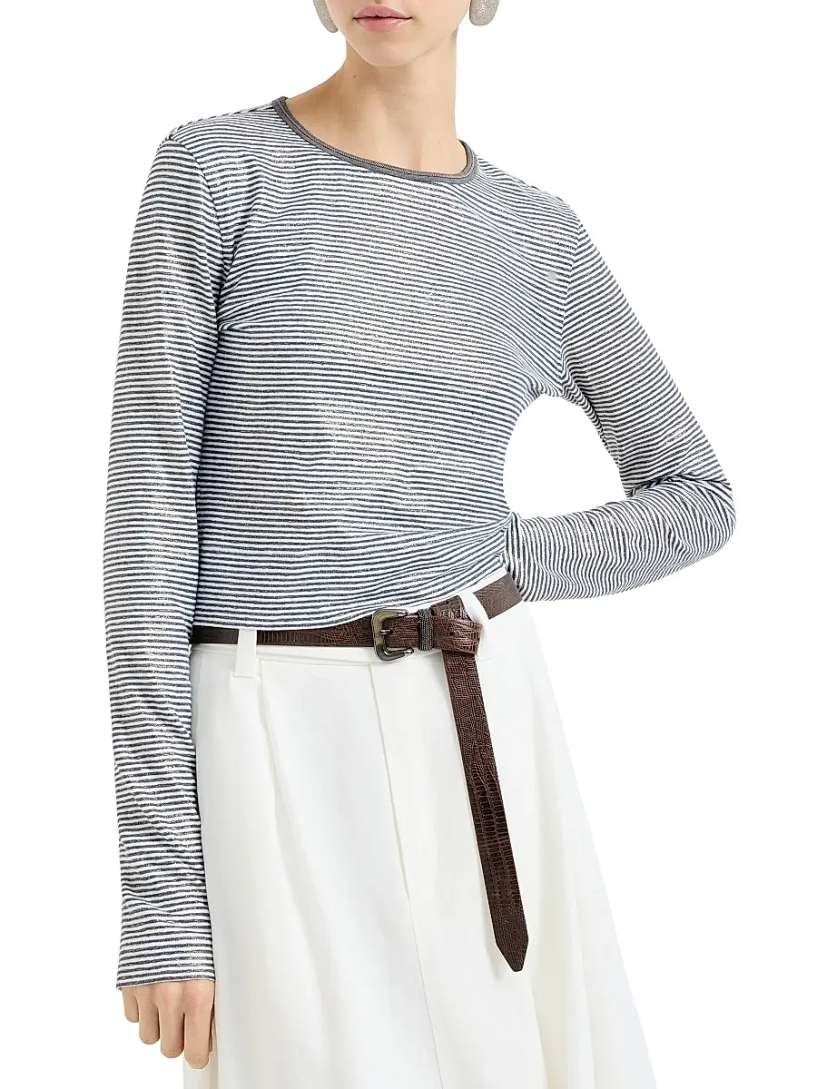Brunello Cucinelli Women's Striped Linen Lamé Jersey Top with Shiny Trim - Blue | Thumbnail 2 Brunello Cucinelli Women's Striped Linen Lamé Jersey Top with Shiny Trim - Blue | Thumbnail 2