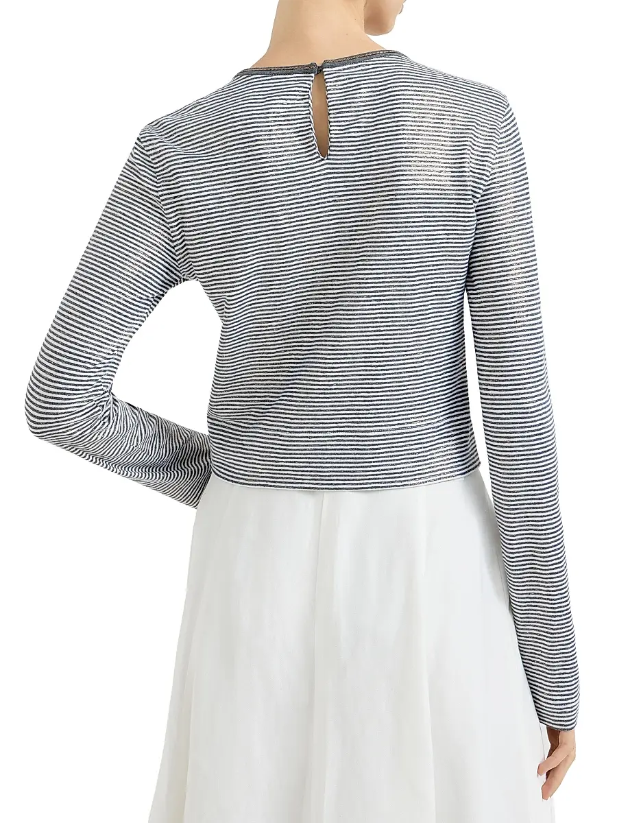 Brunello Cucinelli Women's Striped Linen Lamé Jersey Top with Shiny Trim - Blue | Thumbnail 3 Brunello Cucinelli Women's Striped Linen Lamé Jersey Top with Shiny Trim - Blue | Thumbnail 3