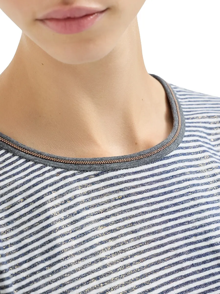 Brunello Cucinelli Women's Striped Linen Lamé Jersey Top with Shiny Trim - Blue | Thumbnail 4 Brunello Cucinelli Women's Striped Linen Lamé Jersey Top with Shiny Trim - Blue | Thumbnail 4