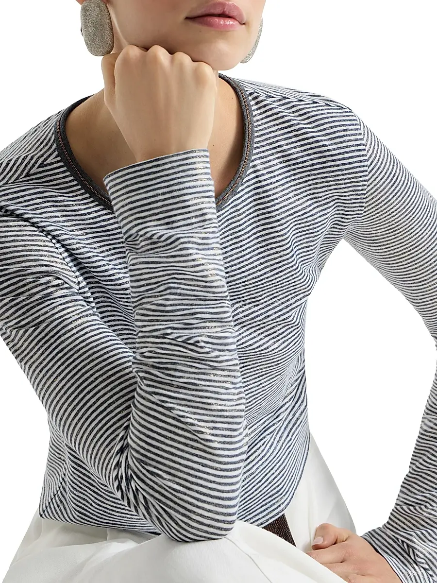 Brunello Cucinelli Women's Striped Linen Lamé Jersey Top with Shiny Trim - Blue | Thumbnail 5 Brunello Cucinelli Women's Striped Linen Lamé Jersey Top with Shiny Trim - Blue | Thumbnail 5
