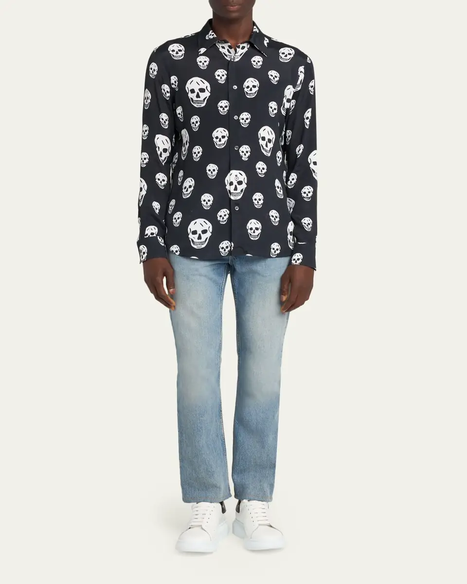 Alexander McQueen Men's Viscose Skull Print Button-Down Shirt | Thumbnail 2 Alexander McQueen Men's Viscose Skull Print Button-Down Shirt | Thumbnail 2