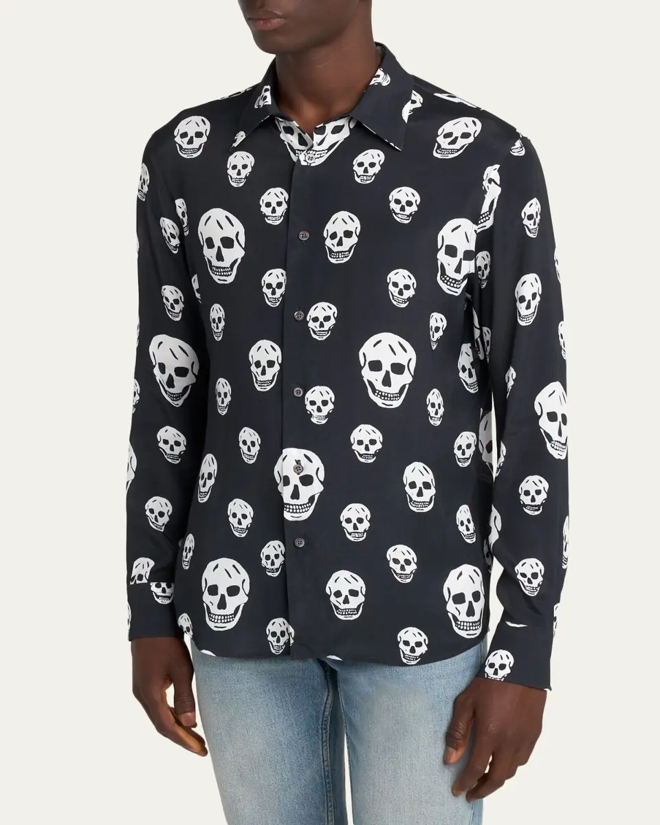 Alexander McQueen Men's Viscose Skull Print Button-Down Shirt | Thumbnail 4 Alexander McQueen Men's Viscose Skull Print Button-Down Shirt | Thumbnail 4