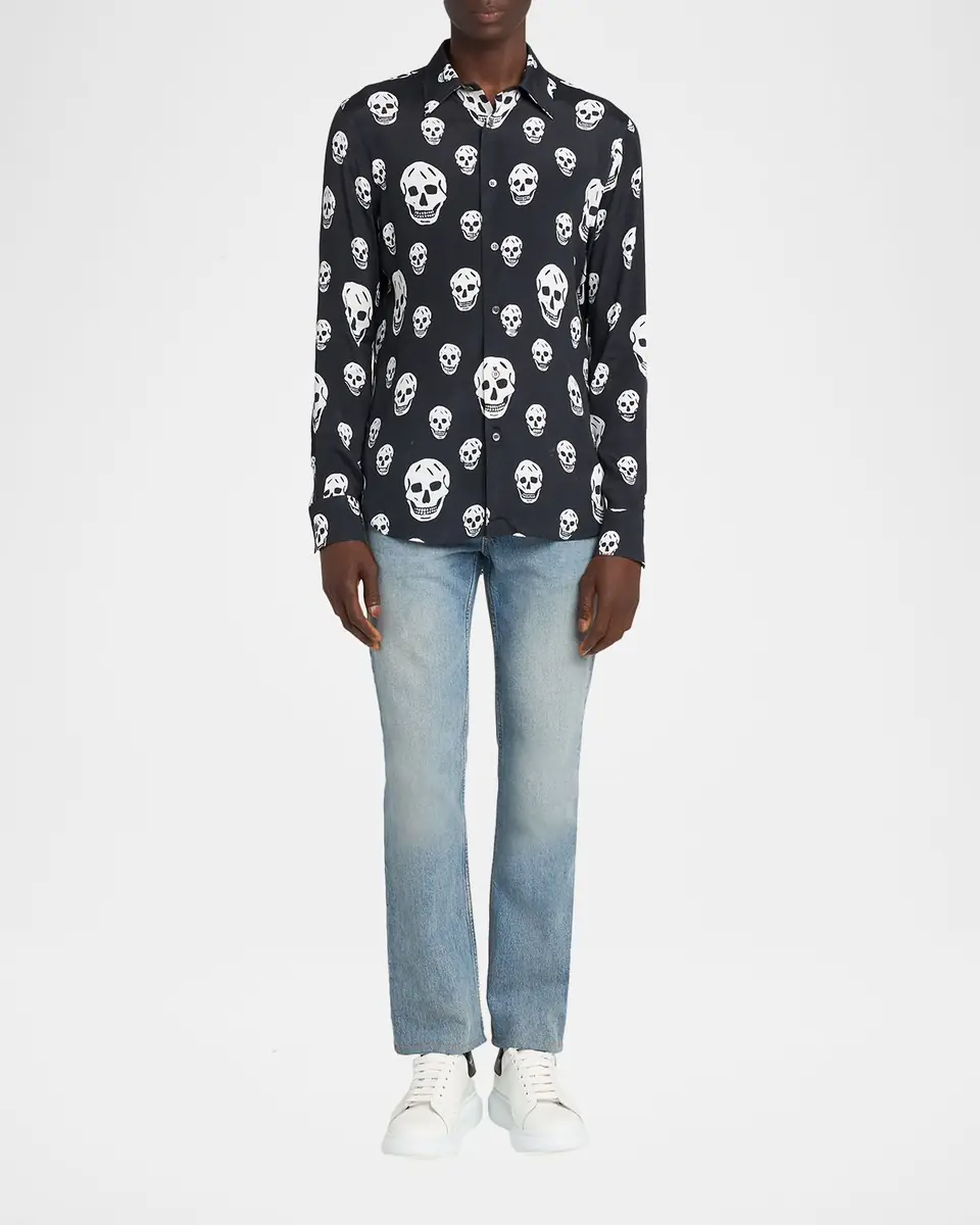Alexander McQueen Men's Viscose Skull Print Button-Down Shirt | Thumbnail 6 Alexander McQueen Men's Viscose Skull Print Button-Down Shirt | Thumbnail 6