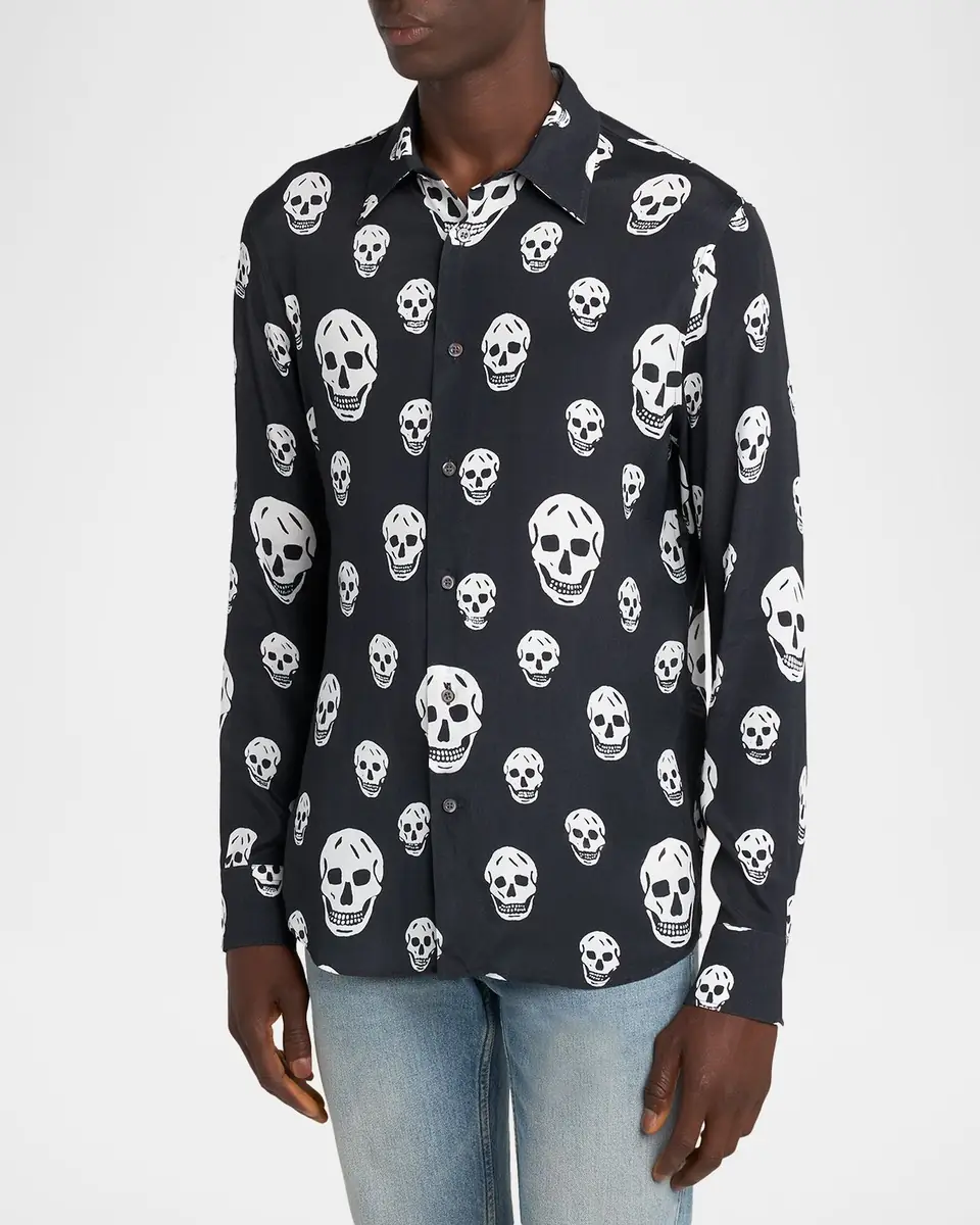 Alexander McQueen Men's Viscose Skull Print Button-Down Shirt | Thumbnail 8 Alexander McQueen Men's Viscose Skull Print Button-Down Shirt | Thumbnail 8