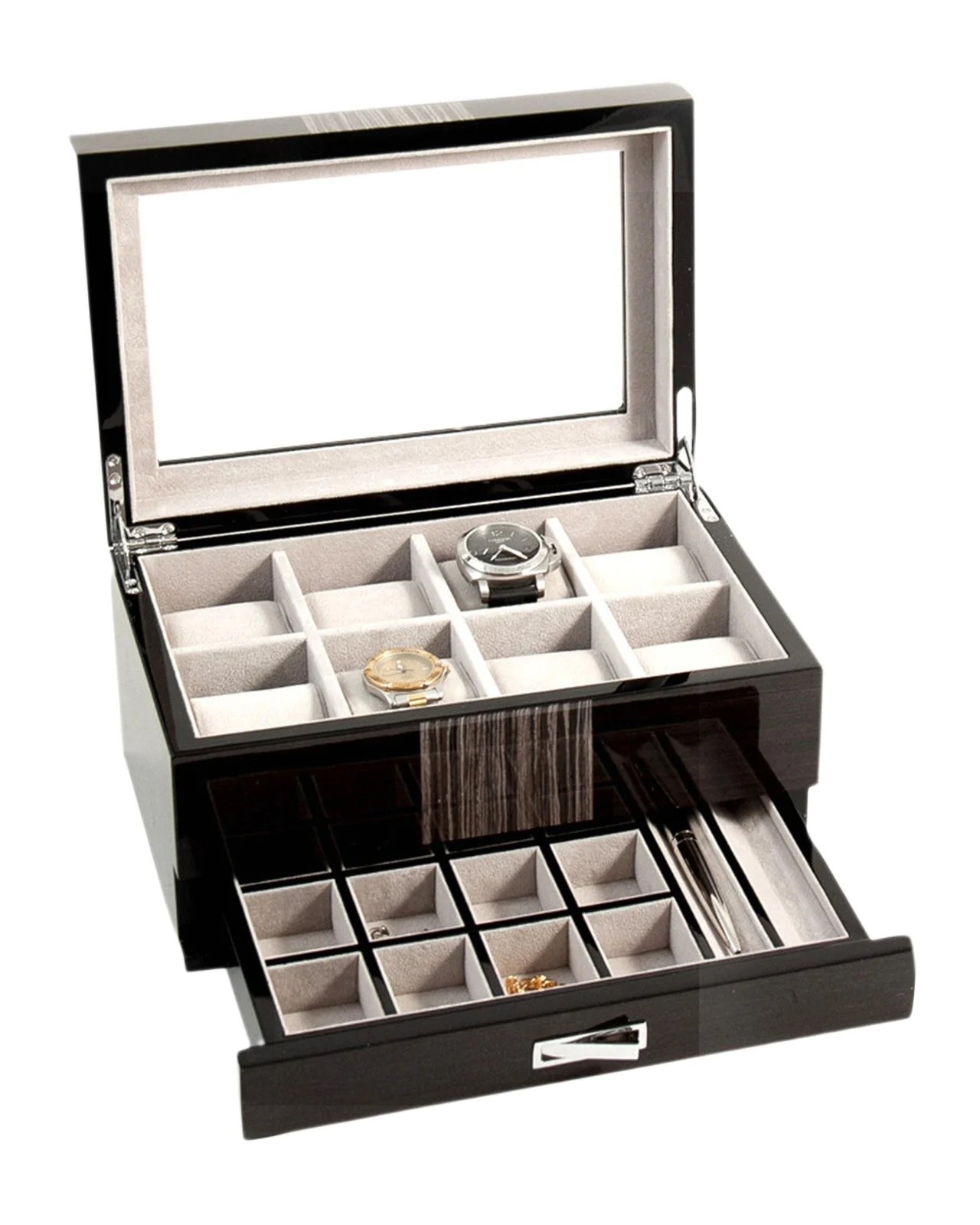 Men's Lacquered Wenge Wood 8-Watch Storage Box w/ Drawer Men's Lacquered Wenge Wood 8-Watch Storage Box w/ Drawer