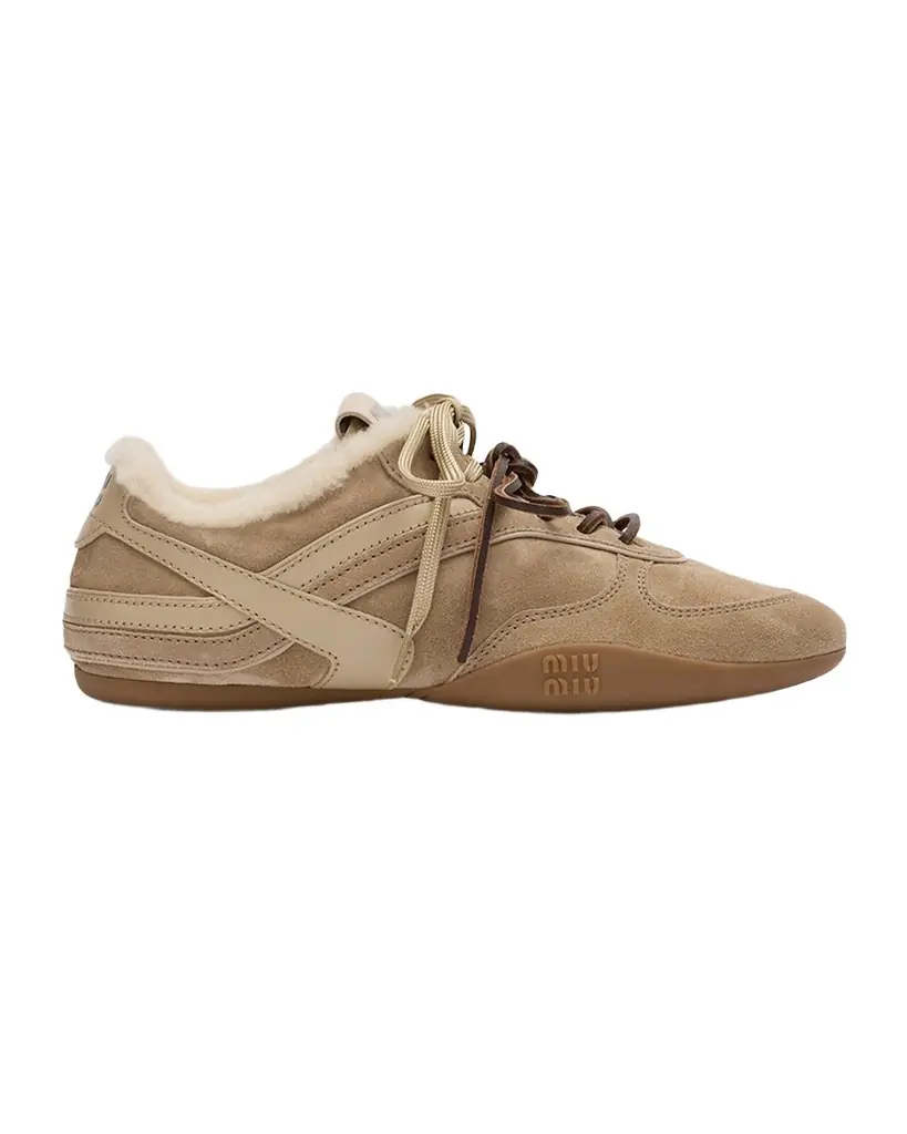 Miu Miu Gymnasium Suede and Shearling Low-Top Sneakers | Image 1 Miu Miu Gymnasium Suede and Shearling Low-Top Sneakers | Image 1