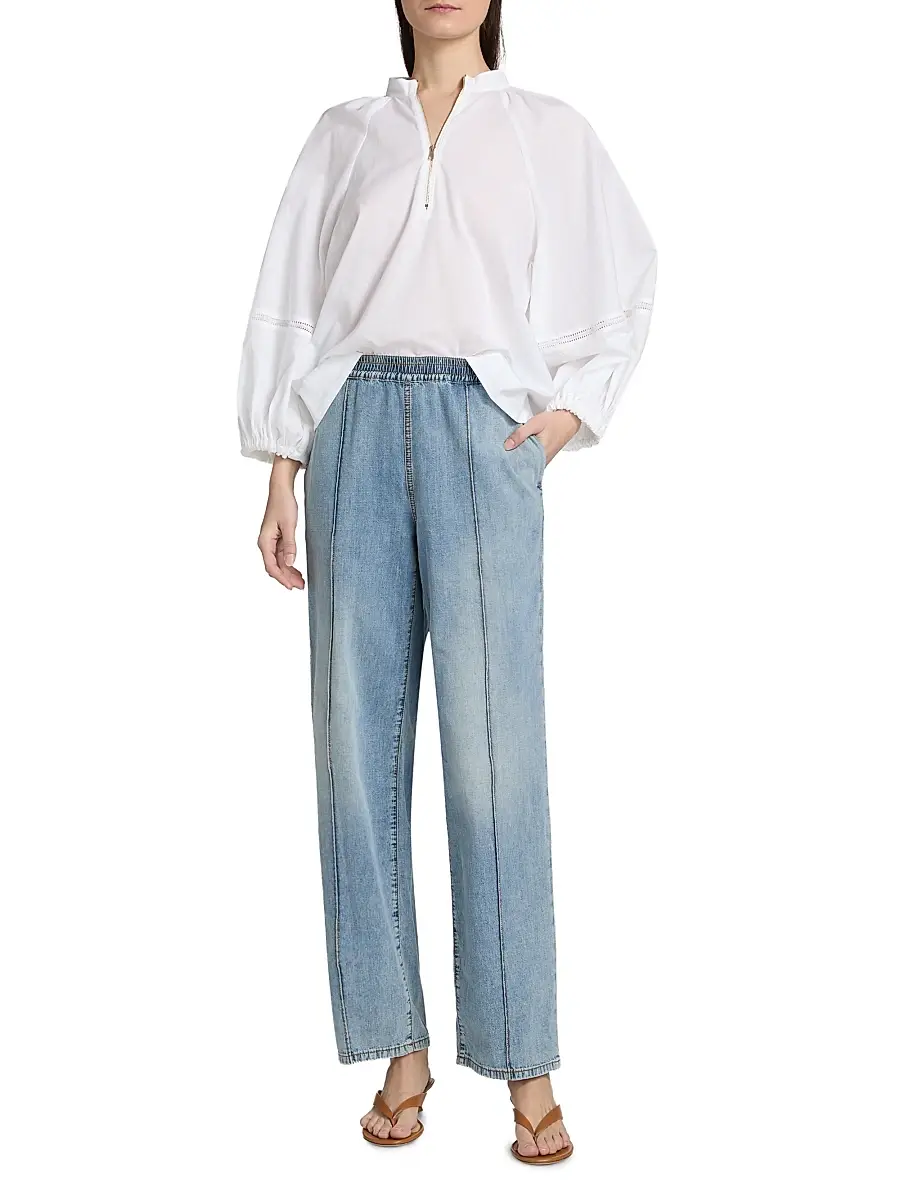 Fabiana Filippi Women's Balloon-Sleeve Cotton Muslin Half-Zip Shirt | Thumbnail 2