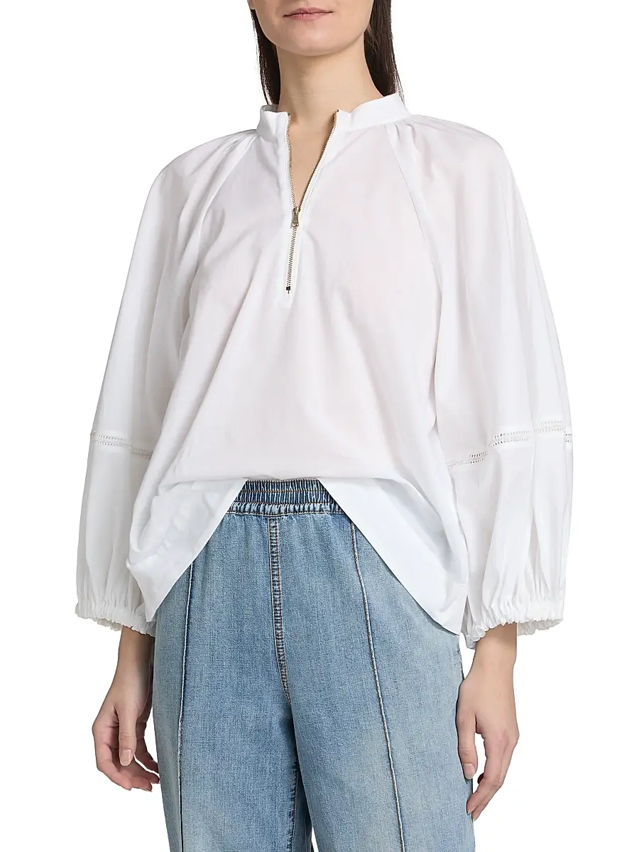 Fabiana Filippi Women's Balloon-Sleeve Cotton Muslin Half-Zip Shirt | Thumbnail 3