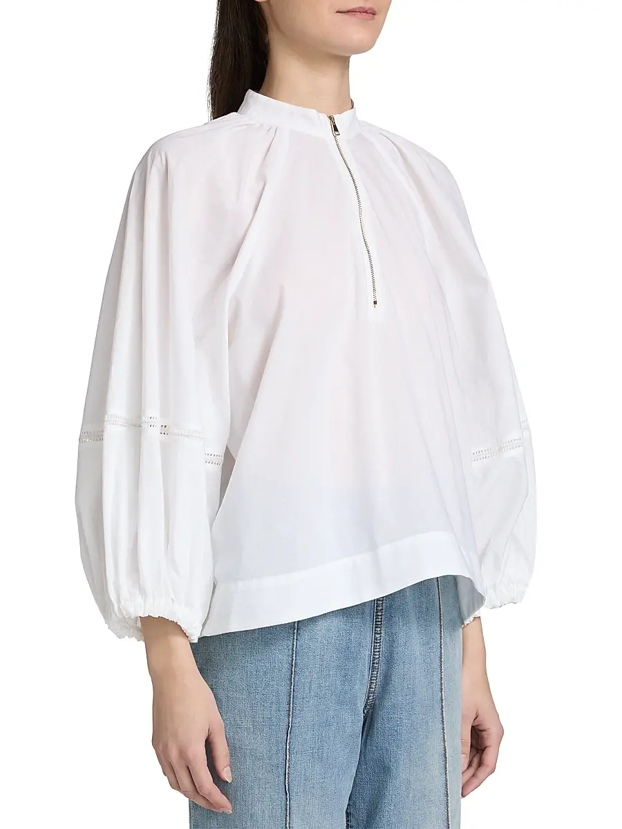 Fabiana Filippi Women's Balloon-Sleeve Cotton Muslin Half-Zip Shirt | Thumbnail 4