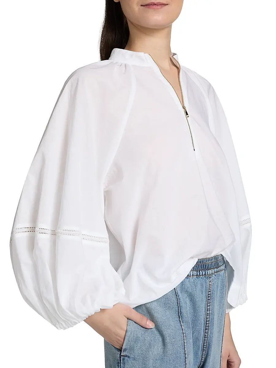 Fabiana Filippi Women's Balloon-Sleeve Cotton Muslin Half-Zip Shirt | Thumbnail 6