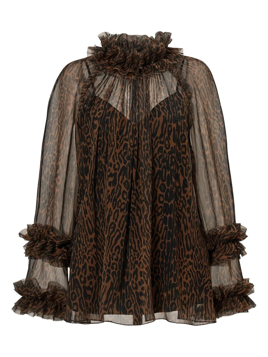 Carolina Herrera Ruffle-Trimmed Leopard Print Chiffon Top