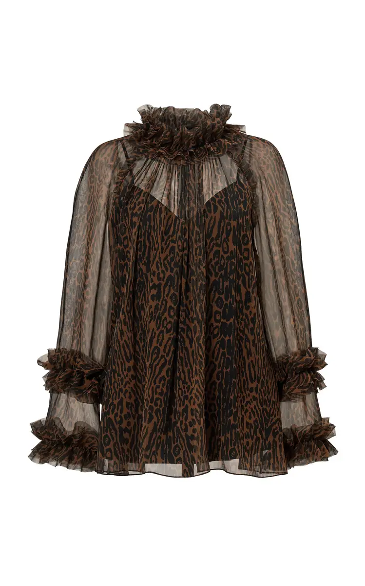 Ruffle-Trimmed Leopard Print Chiffon Top