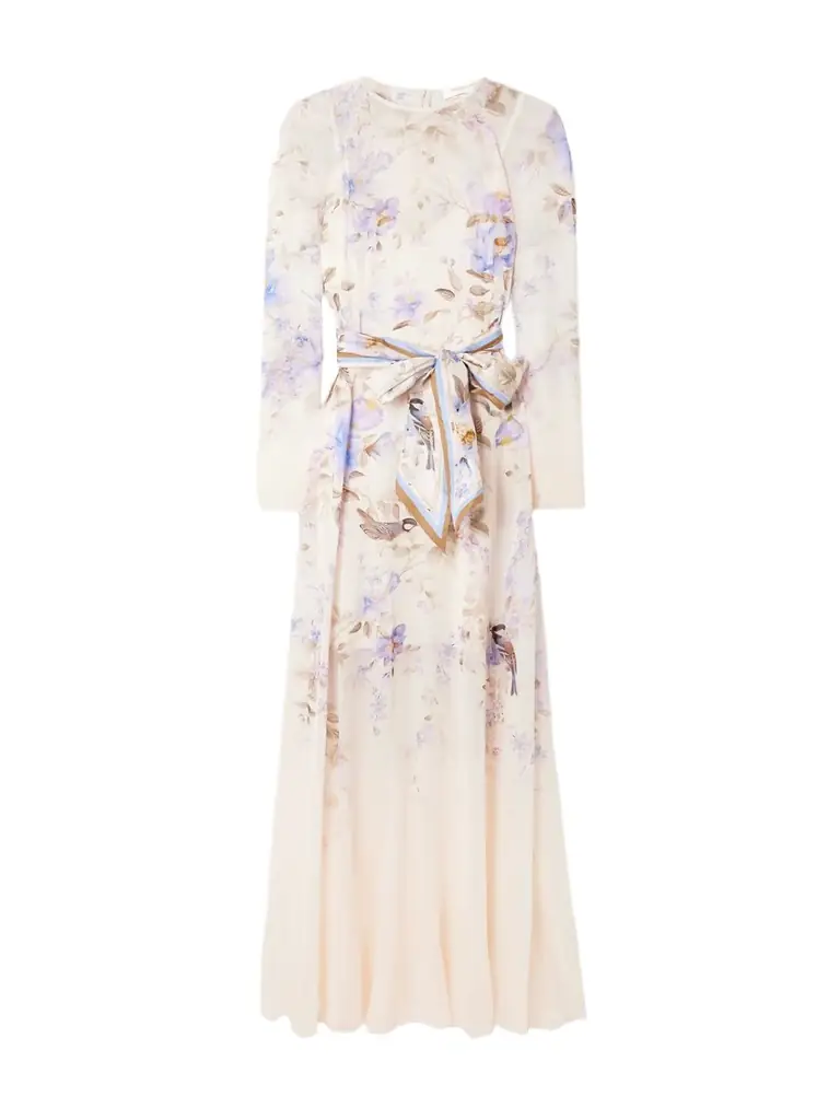 Zimmermann Luna Belted Printed Silk Satin-trimmed Chiffon Maxi Dress | Image 1 Zimmermann Luna Belted Printed Silk Satin-trimmed Chiffon Maxi Dress | Image 1