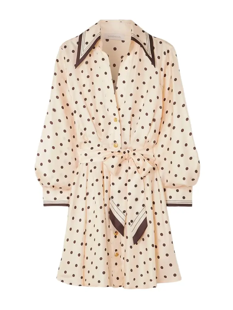 Belted Polka-dot Silk-satin Mini Shirt Dress