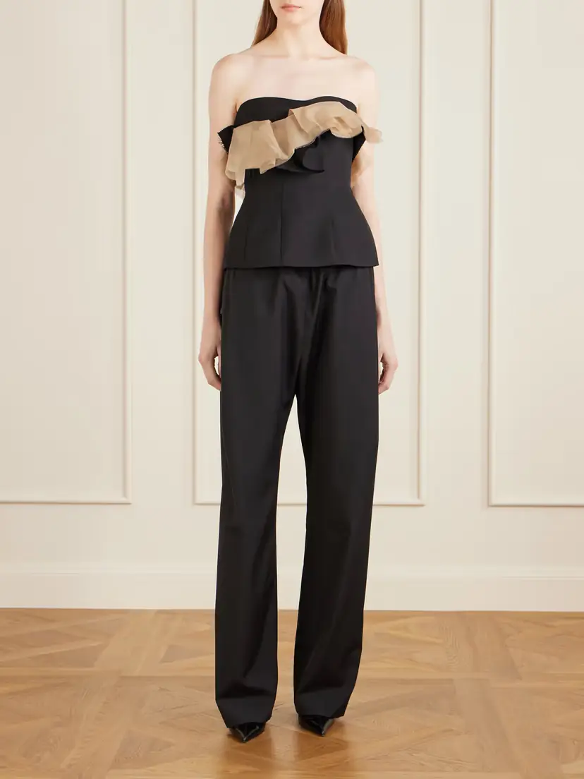 Khaite Sal Frayed Organza-trimmed Wool And Silk-blend Cady Bustier Top | Thumbnail 2 Khaite Sal Frayed Organza-trimmed Wool And Silk-blend Cady Bustier Top | Thumbnail 2