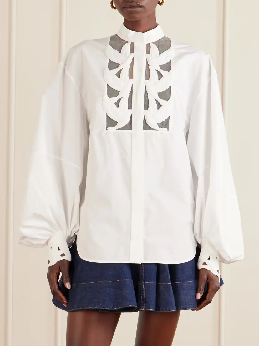 Zimmermann Luna Embroidered Mesh-paneled Cotton-poplin Blouse | Thumbnail 3 Zimmermann Luna Embroidered Mesh-paneled Cotton-poplin Blouse | Thumbnail 3