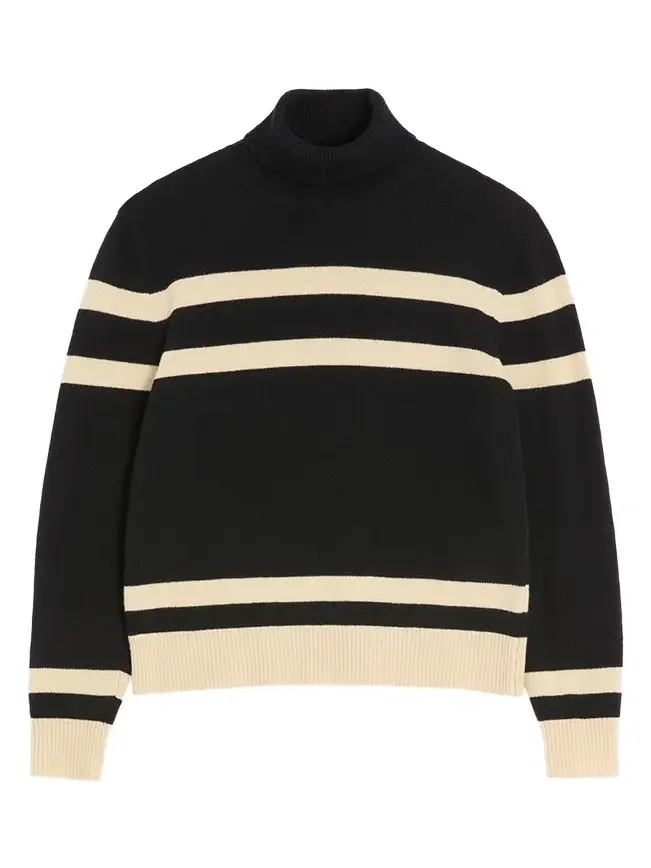 Men's Wool High-Neck Stripe Turtleneck Sweater with Vlogo Embroidery Men's Wool High-Neck Stripe Turtleneck Sweater with Vlogo Embroidery