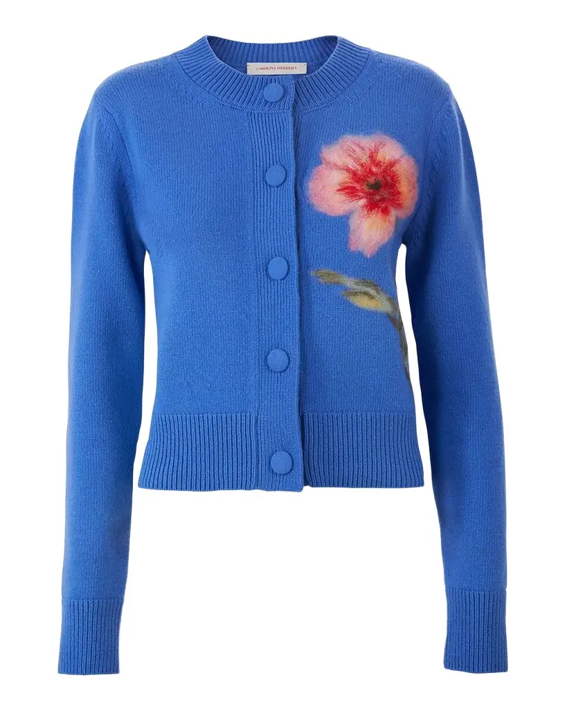 Carolina Herrera Flower Wool Crewneck Cardigan | Image 1 Carolina Herrera Flower Wool Crewneck Cardigan | Image 1