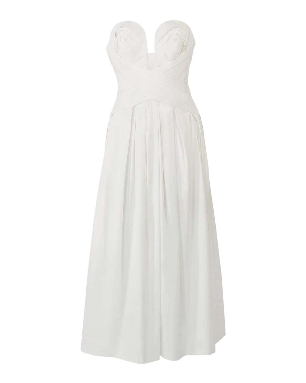 Plunging Strapless Rosette Draped Tea-Length Dress