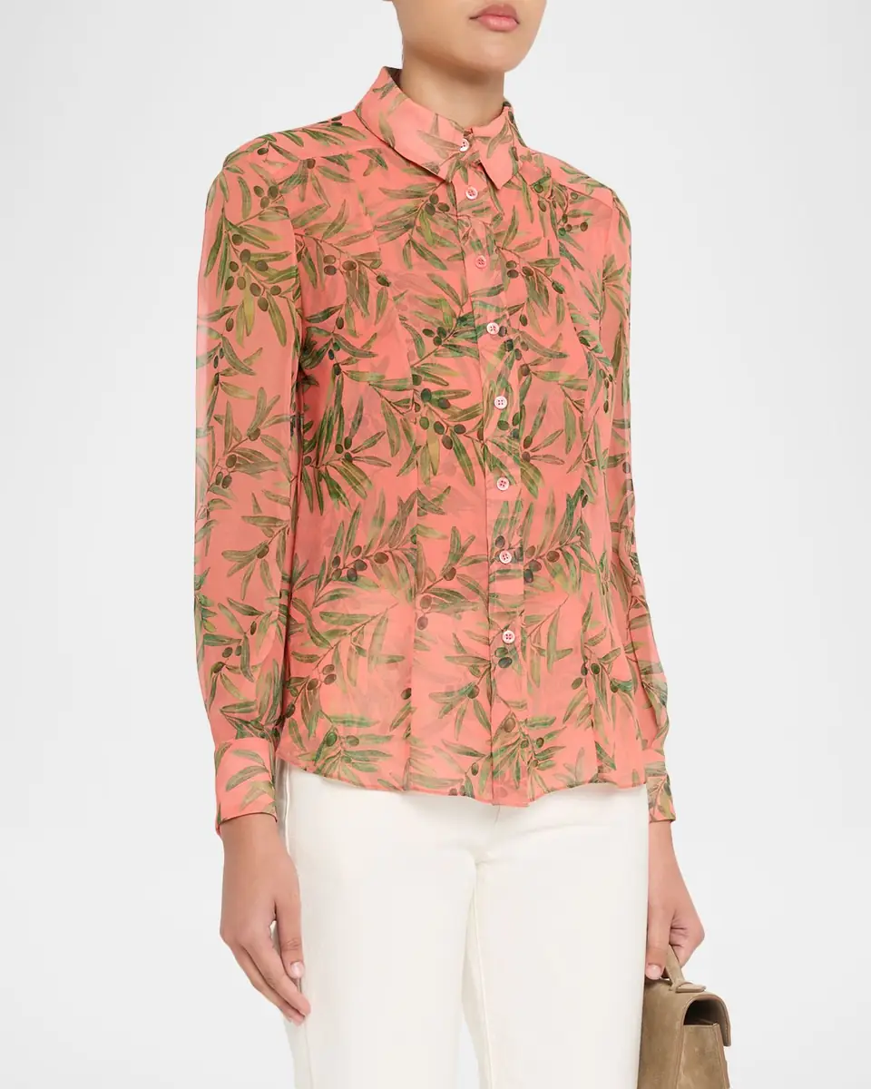 Carolina Herrera Olive Branch Silk Chiffon Button-Down Shirt | Thumbnail 3