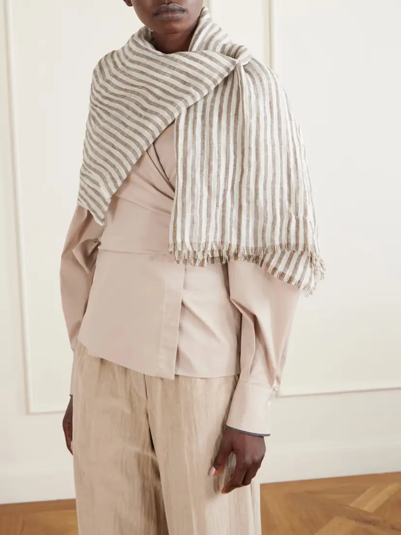 Brunello Cucinelli Fringed Striped Linen-blend Scarf | Thumbnail 2