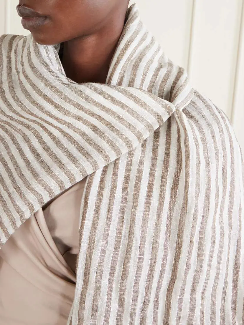 Brunello Cucinelli Fringed Striped Linen-blend Scarf | Thumbnail 4