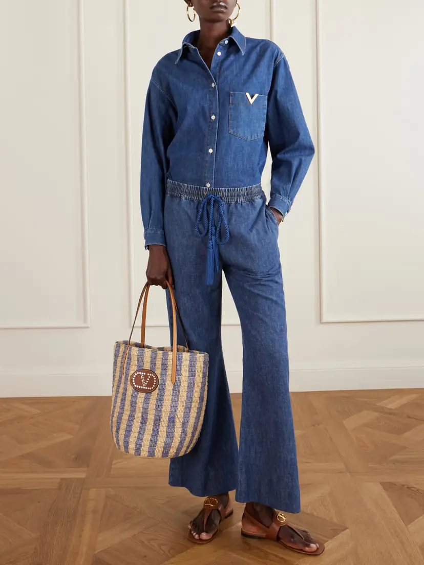 Valentino Garavani Vlogo Signature Small Embellished Leather-trimmed Striped Raffia Bucket Bag | Thumbnail 2 Valentino Garavani Vlogo Signature Small Embellished Leather-trimmed Striped Raffia Bucket Bag | Thumbnail 2