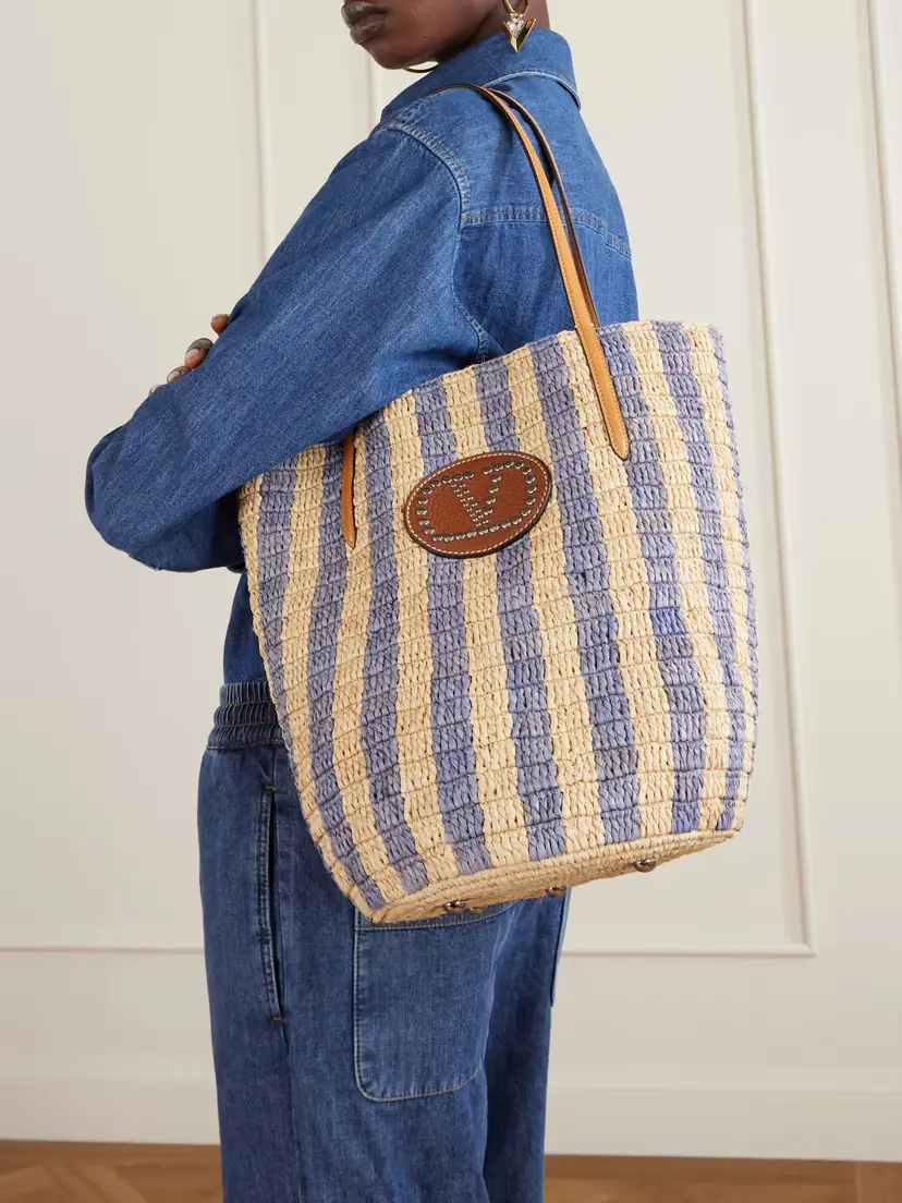 Valentino Garavani Vlogo Signature Small Embellished Leather-trimmed Striped Raffia Bucket Bag | Thumbnail 3 Valentino Garavani Vlogo Signature Small Embellished Leather-trimmed Striped Raffia Bucket Bag | Thumbnail 3