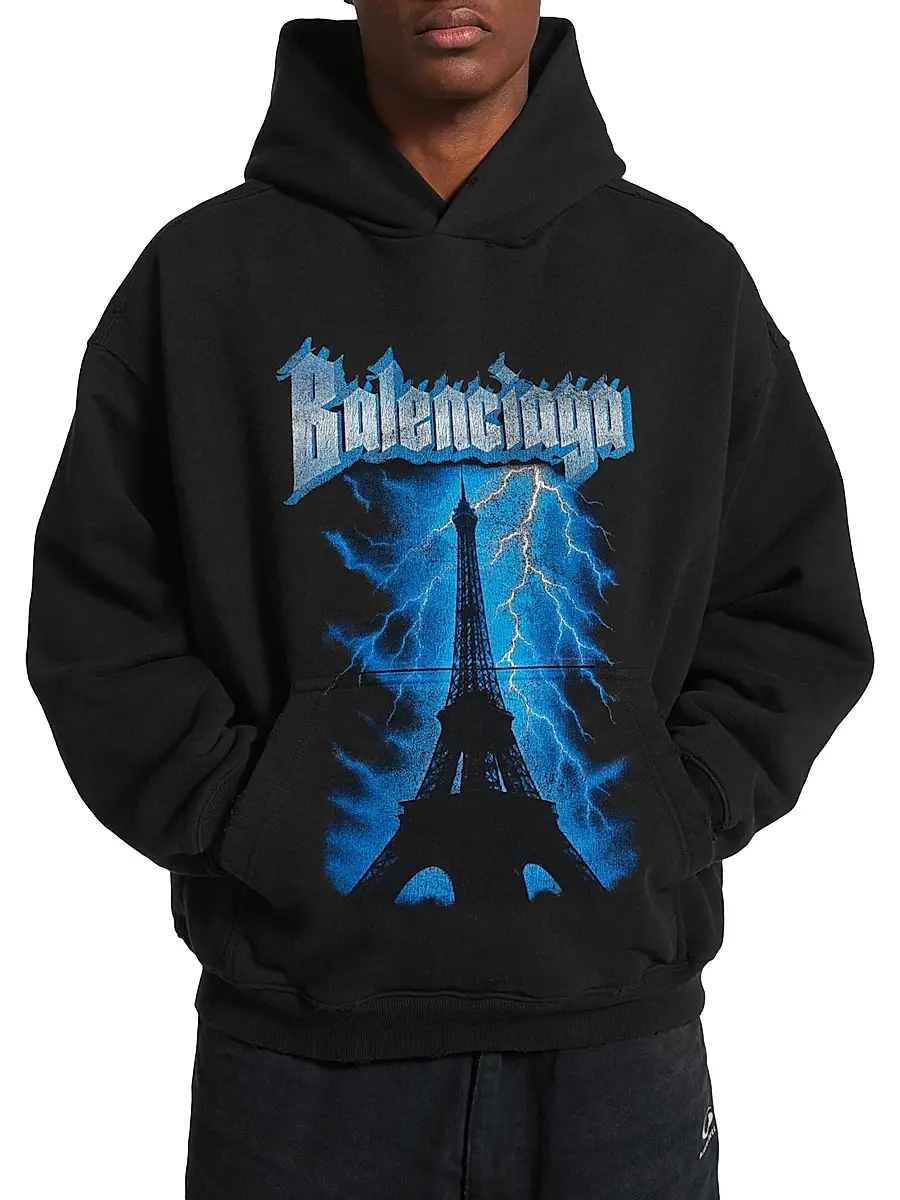 Balenciaga Men's Paris Thunderstorm Medium Fit Hoodie | Thumbnail 2 Balenciaga Men's Paris Thunderstorm Medium Fit Hoodie | Thumbnail 2
