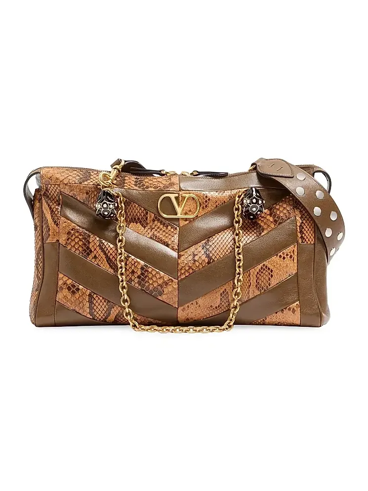 Women's Panthea Medium Shoulder Bag in Python and Nappa - Roasted Pecan