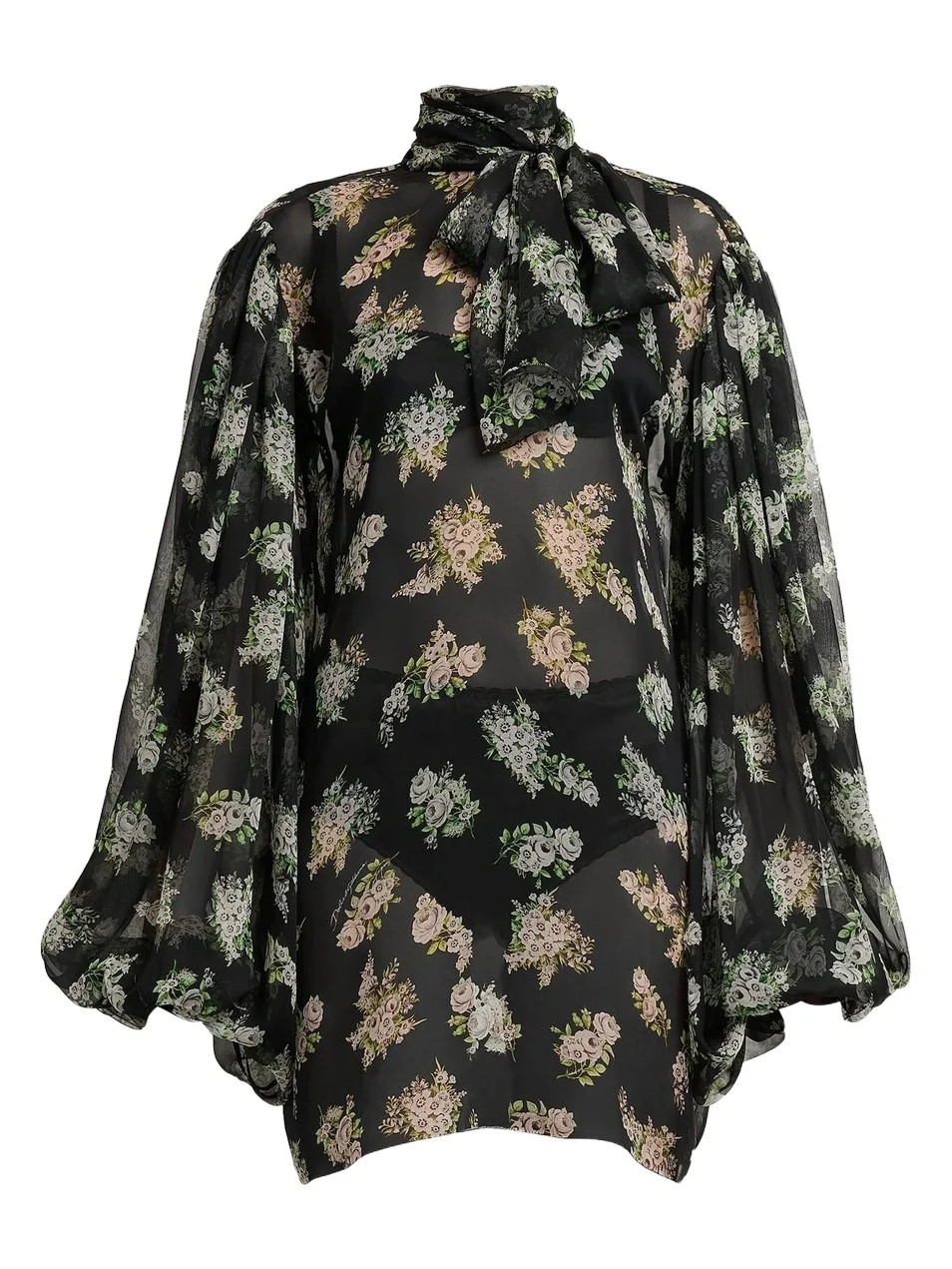 Women's Rose Bouquet Silk Chiffon Tieneck Blouse Women's Rose Bouquet Silk Chiffon Tieneck Blouse