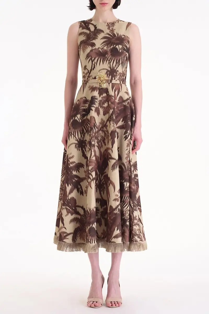 Oscar de la Renta Large Chine Palm Leaves Midi Dress | Thumbnail 2