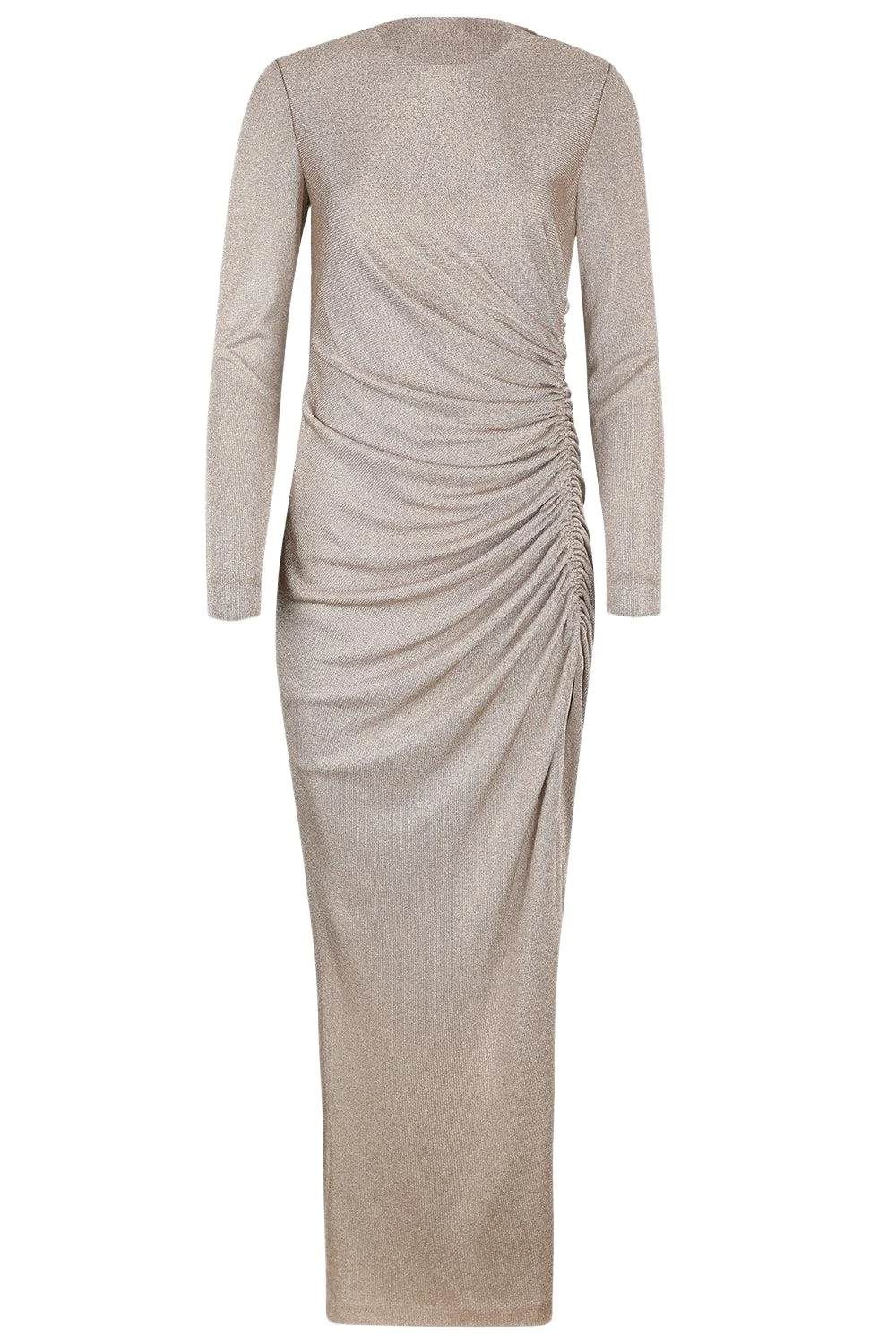 Long Sleeve Draped Metallic Gown