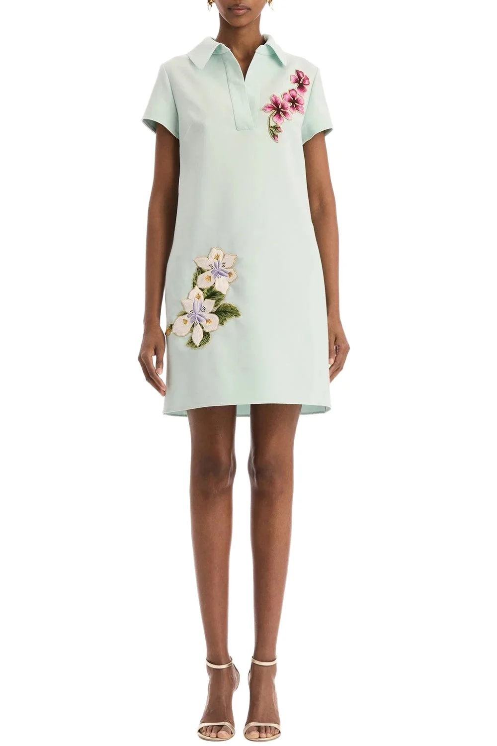 Oscar de la Renta Short Sleeve Embroidered Collared Day Dress