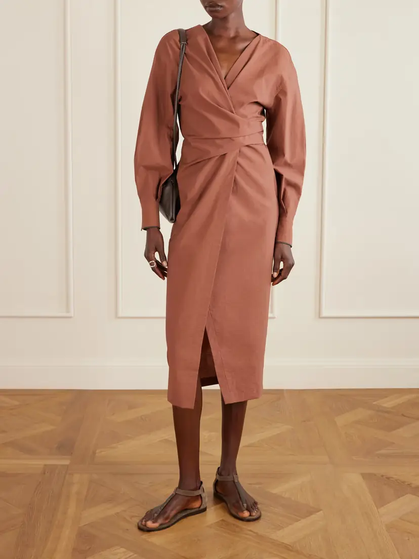Brunello Cucinelli Embellished Cotton-blend Midi Wrap Dress | Thumbnail 2 Brunello Cucinelli Embellished Cotton-blend Midi Wrap Dress | Thumbnail 2