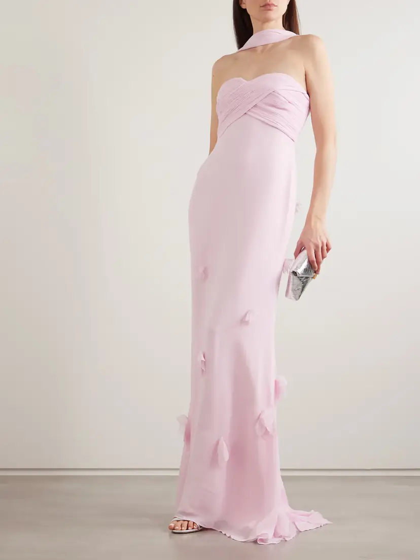 Self-Portrait Scarf-detailed Strapless Appliquéd Georgette Gown | Thumbnail 2