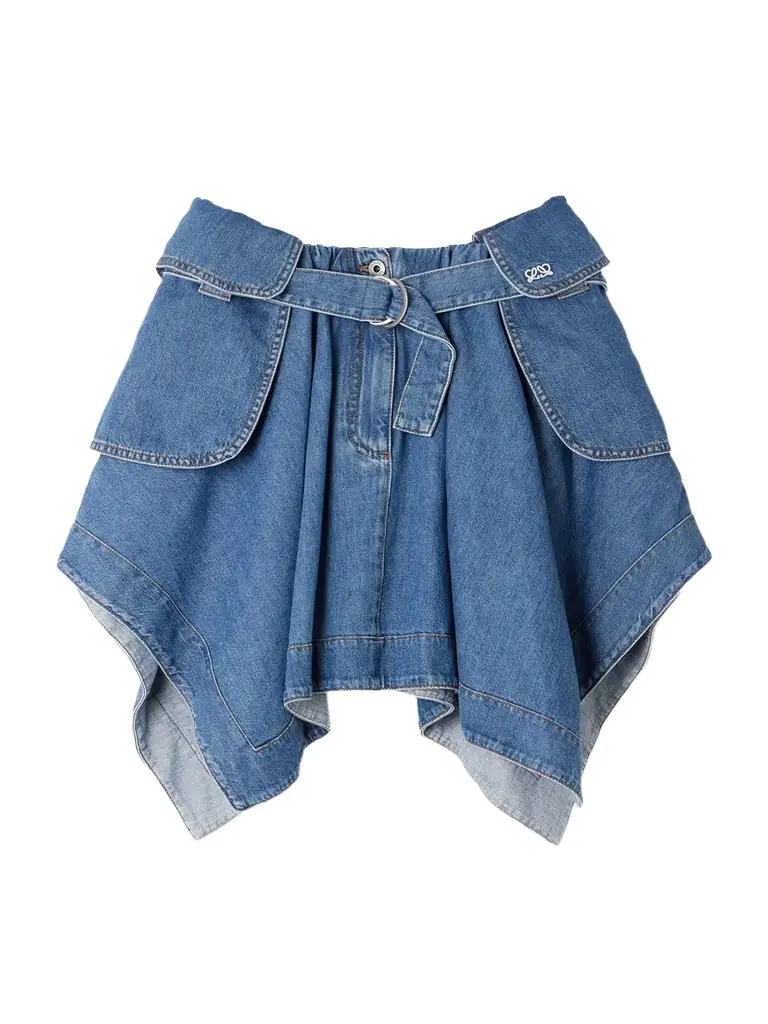 Belted Asymmetric Draped Embroidered Denim Mini Skirt Belted Asymmetric Draped Embroidered Denim Mini Skirt