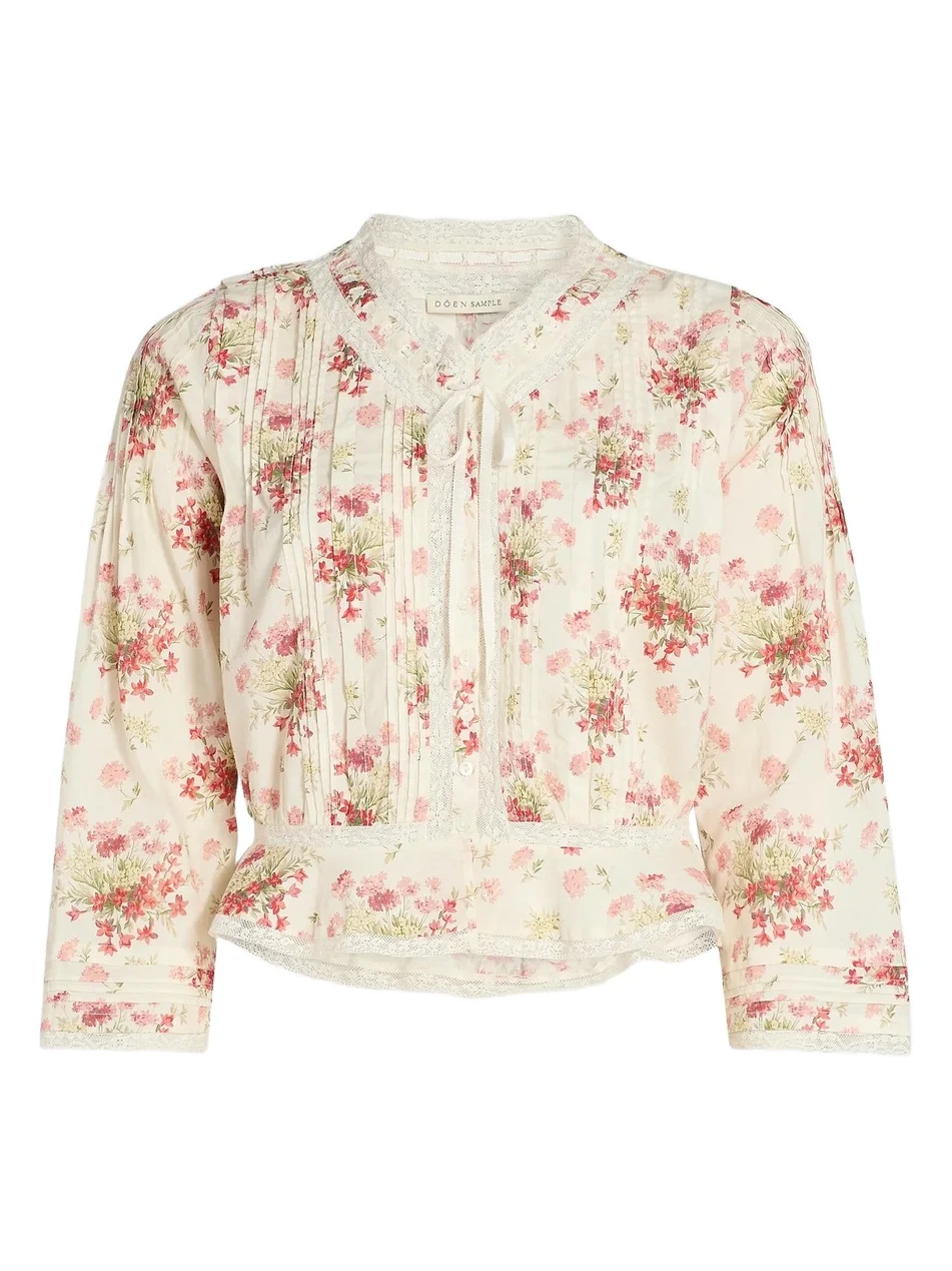 DÔEN Women's Hillock Floral Lace-Trim Cotton Top