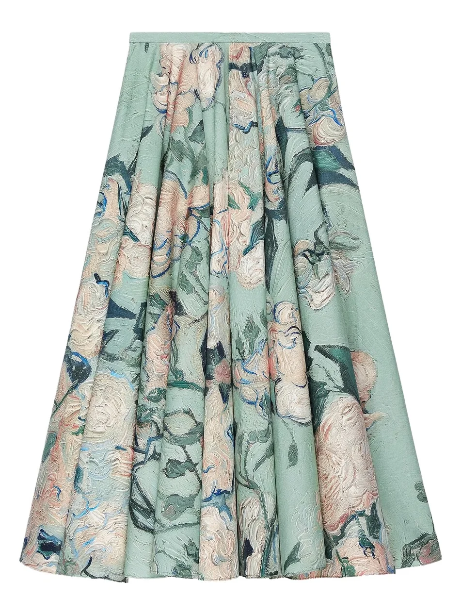 Givenchy Women's Long Circular Skirt in Poplin with Roses Print - Mint Green