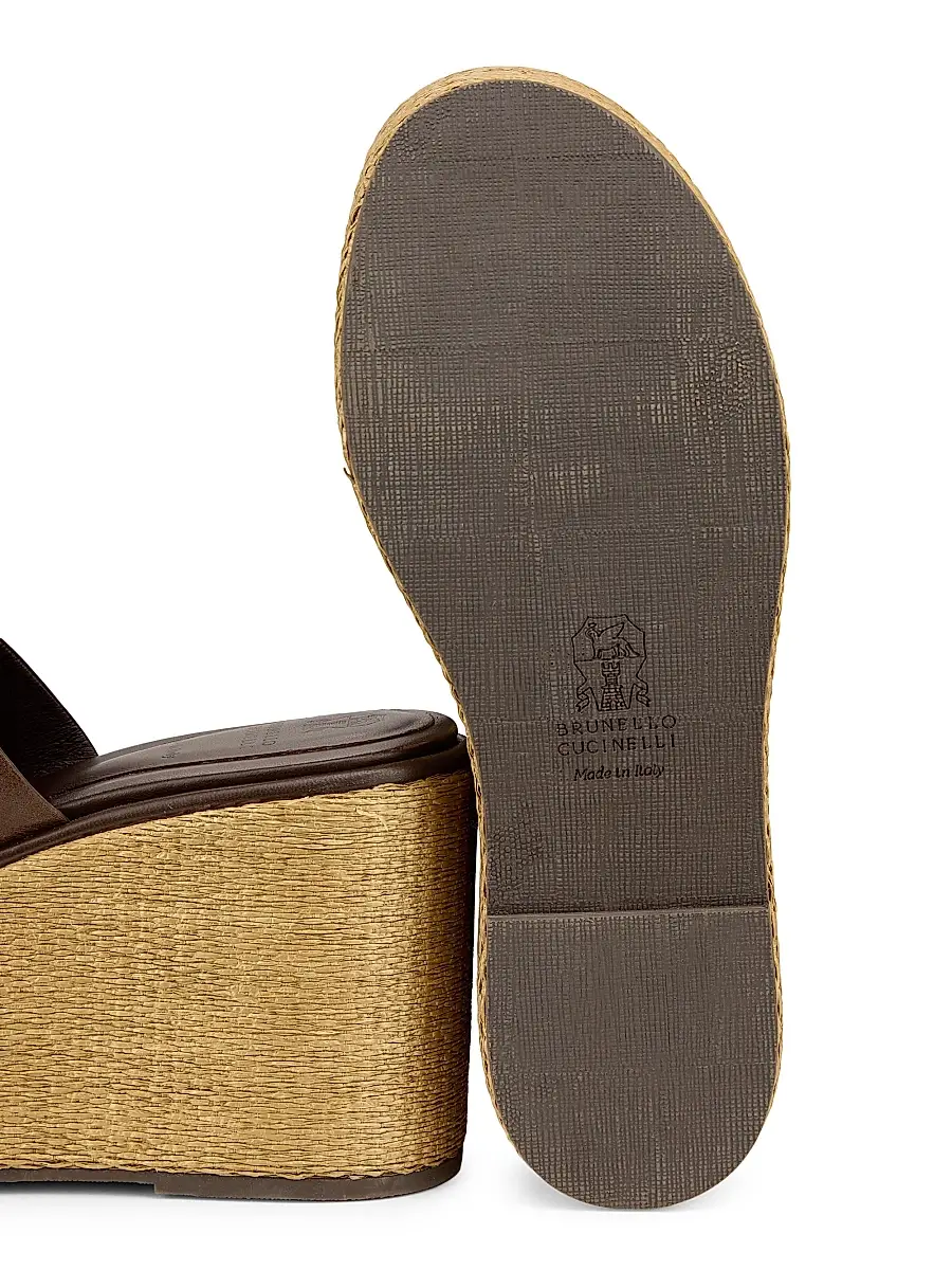 Brunello Cucinelli Women's 80MM Leather-Raffia Wedge Sandals - Cocoa | Thumbnail 6 Brunello Cucinelli Women's 80MM Leather-Raffia Wedge Sandals - Cocoa | Thumbnail 6
